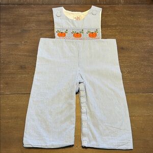 Smocked or Not Pumpkins Blue Stripe One Piece Cotton Romper